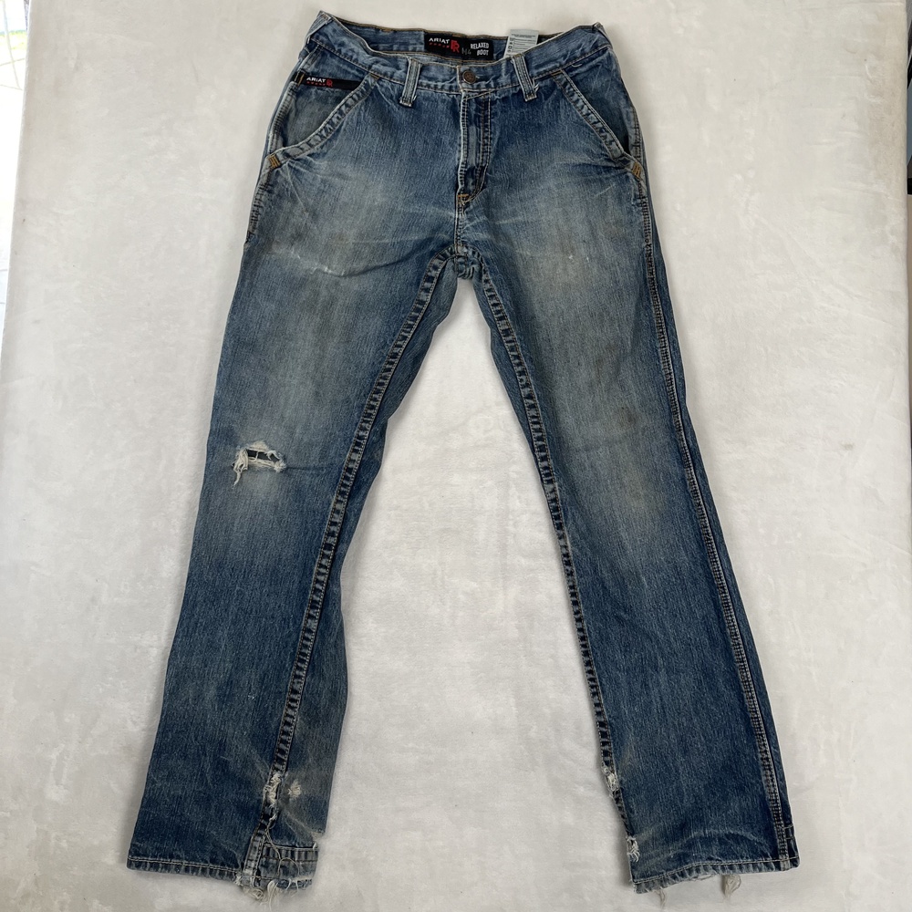 Ariat FR M4 Relaxed Boot Jeans Mens 32x36 Blue Distressed Medium Wash Work Denim